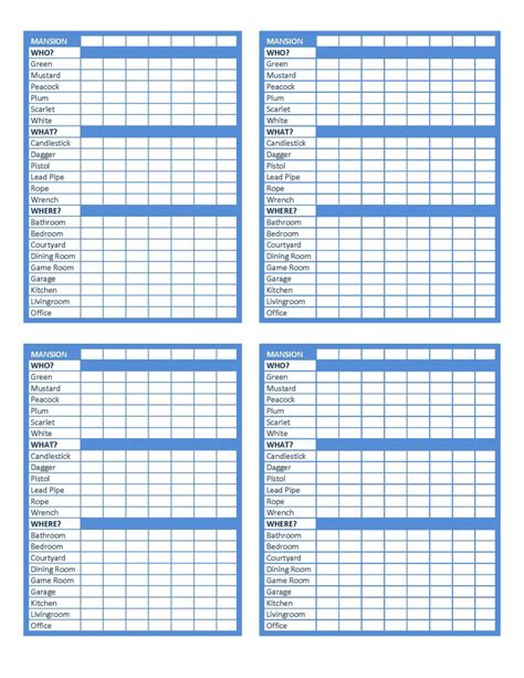 Cluedo Score Sheets Printable