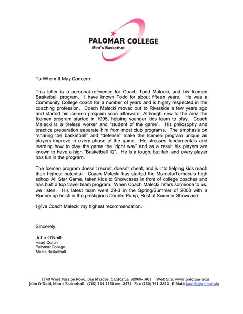 Coaching Letter of Recommendation for Coach