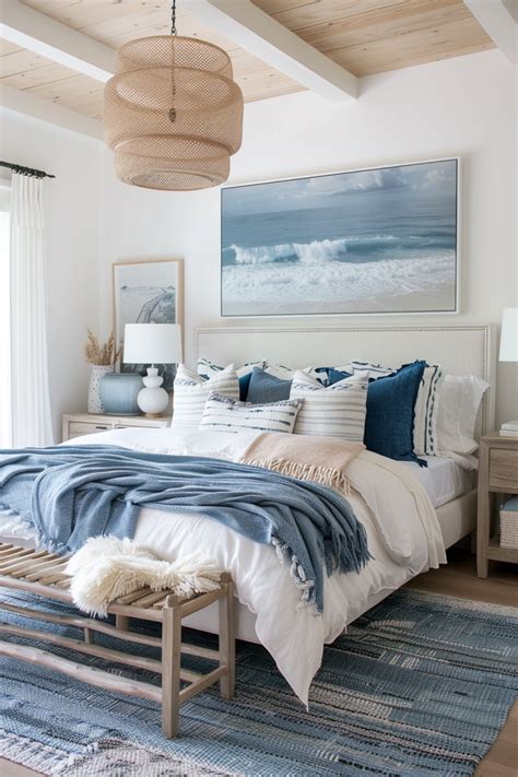 Coastal beachy bedroom with beige carpet