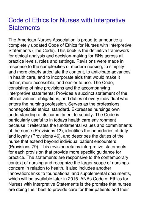 Code Of Ethics For Nurses With Interpretive Statements Highlights