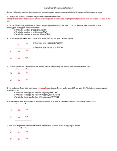 Understanding Codominance And Incomplete Dominance With A Worksheet Answer Key
