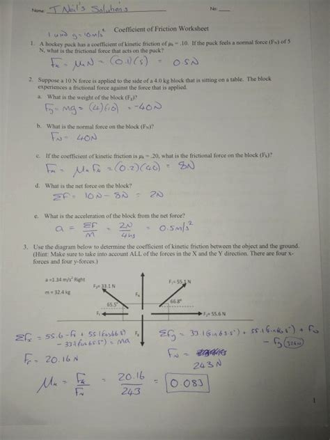 Coefficient Of Friction Worksheet Answers