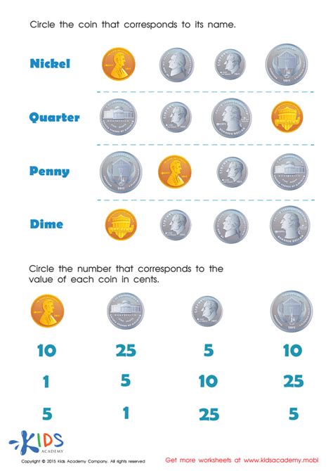 Coin names and values worksheet