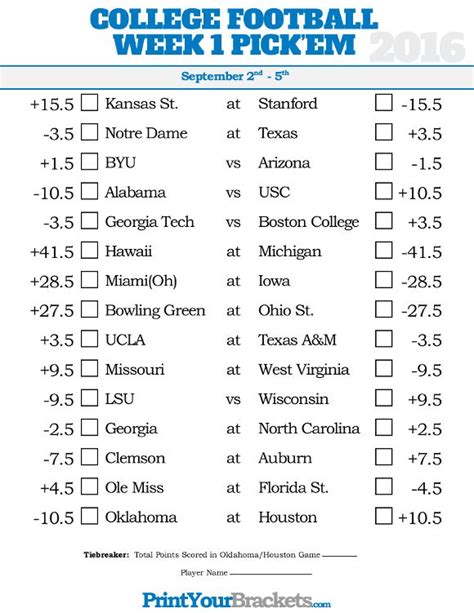 College Football Bowl Pick'em Printable Sheets