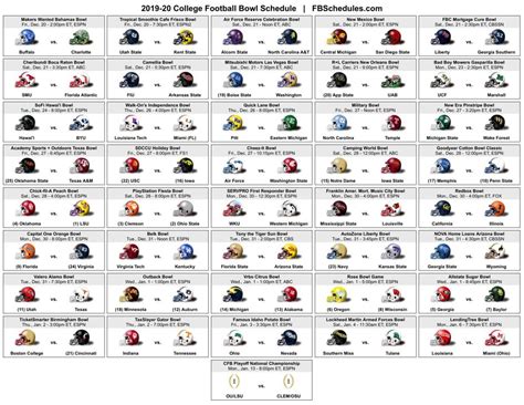 College Football Bowl Schedule Printable