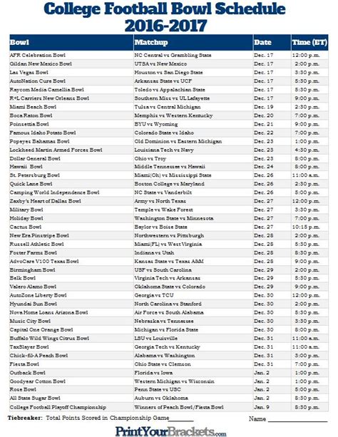 College Football Bowl Schedule Printable Pdf