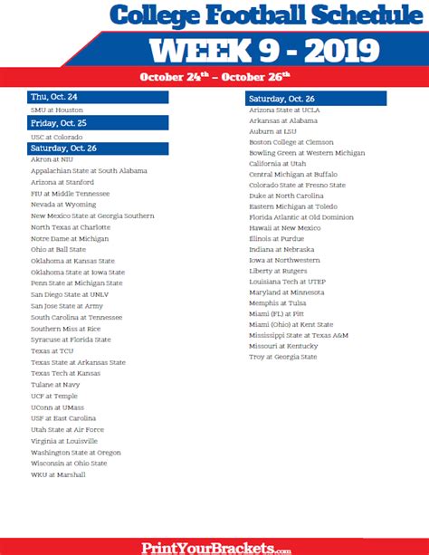 College Football Week 9 Printable Schedule