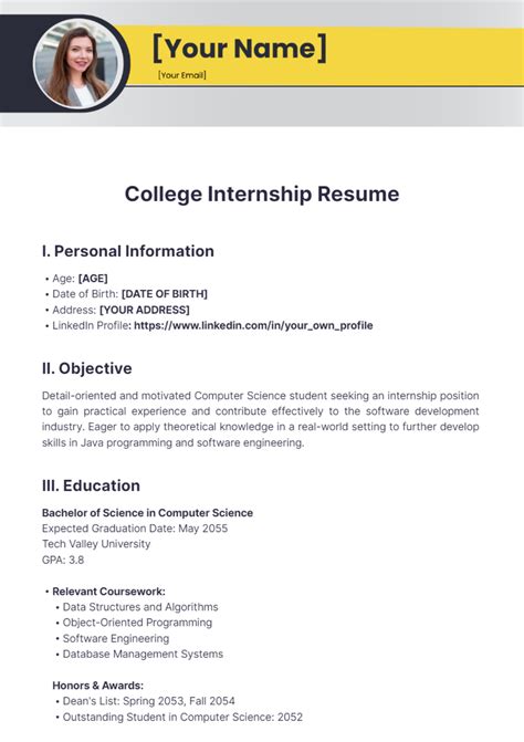 College Student Resume For Summer Internship