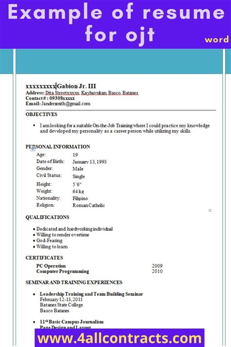College Student Resume Sample For Ojt