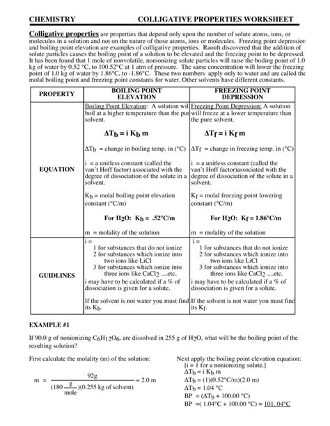 Colligative Properties Worksheet With Answers