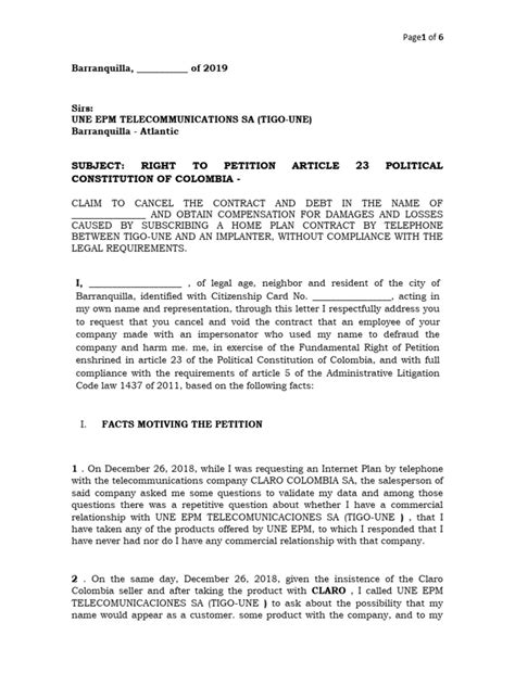Colombia Petition Right Template