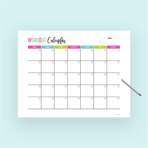 Color In Monthly Workout Calendar Printable