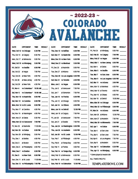 Colorado Avalanche Printable Schedule 2022-23