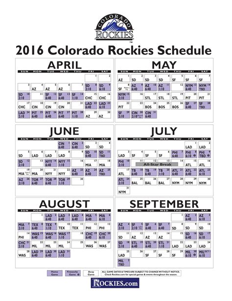 Colorado Rockies Printable Schedule