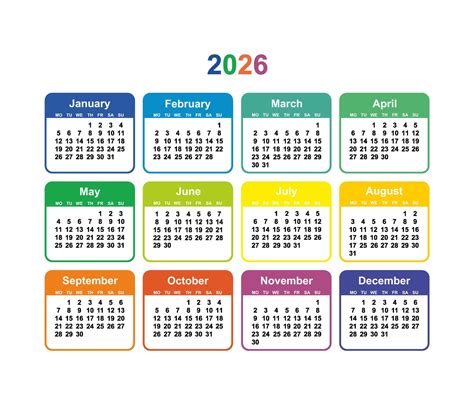 Colorful Printable Calendar 2026