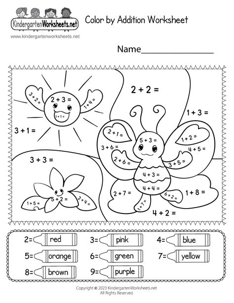 Coloring Addition Worksheet For Kindergarten
