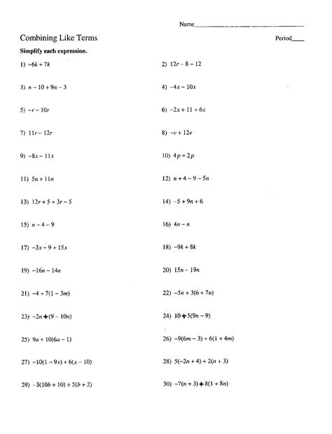 Combining Like Terms Solving Equations Worksheet