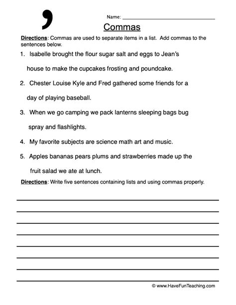 Commas in a Series Worksheet