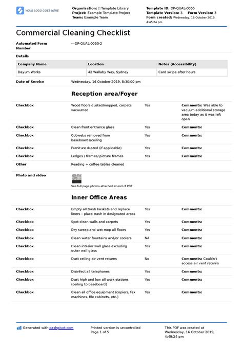 Commercial Cleaning Checklist Templates Free