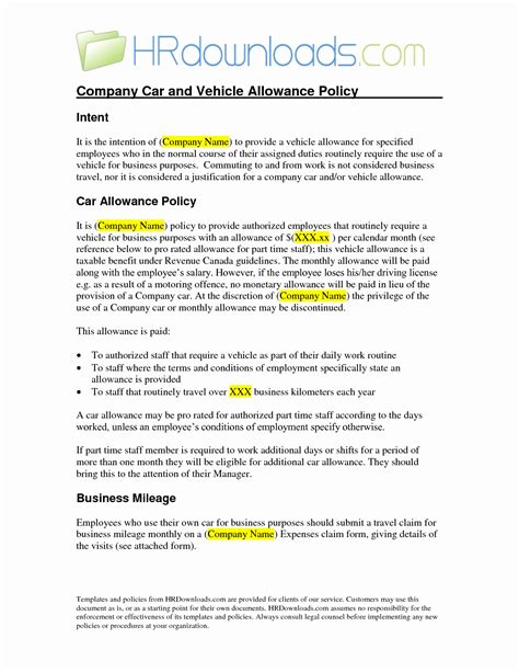 Company Car Allowance Policy Template