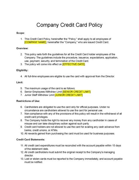 Free Corporate Credit Card Policy Template for Microsoft Word Company