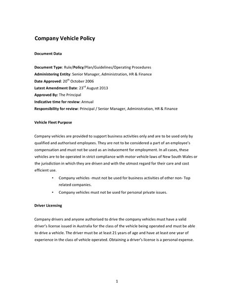 Company Vehicle Policy Template Latter Example Template