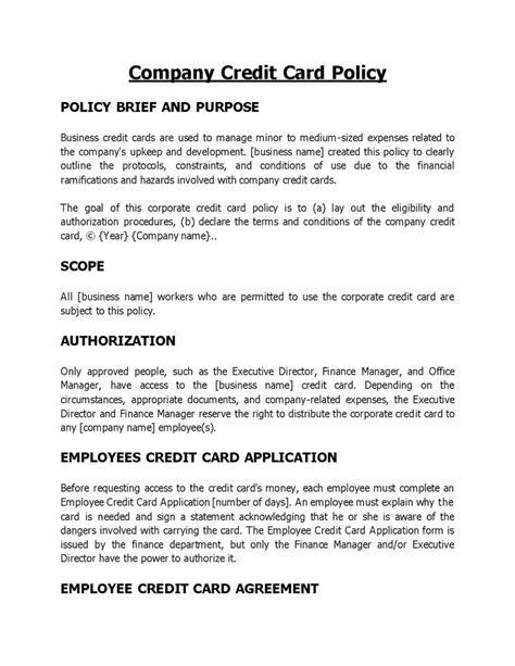 Free Corporate Credit Card Policy Template for Microsoft Word Company
