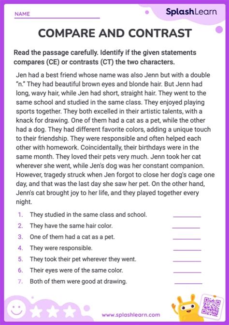 Compare And Contrast Characters Worksheet