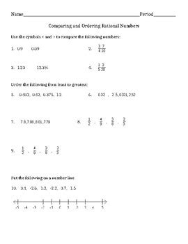 Compare And Order Rational Numbers Worksheet
