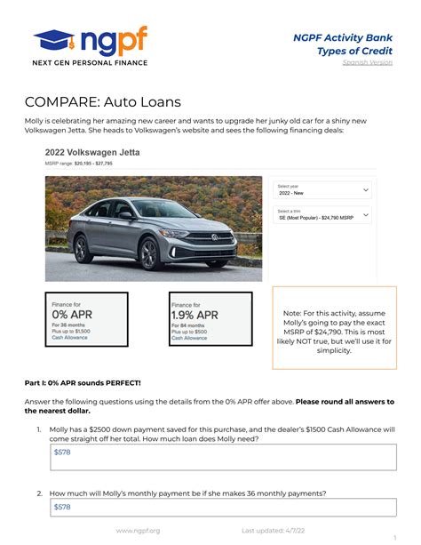 Compare Auto Loans Worksheet Answers
