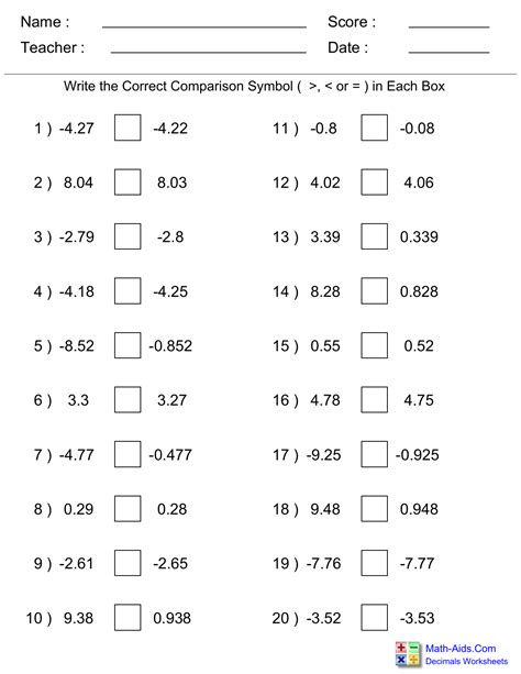 Compare Decimals To Thousandths Worksheet