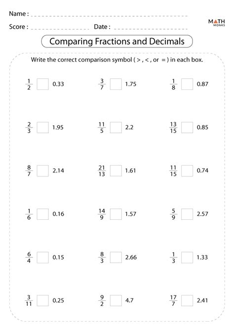 Compare Fractions And Decimals Worksheet