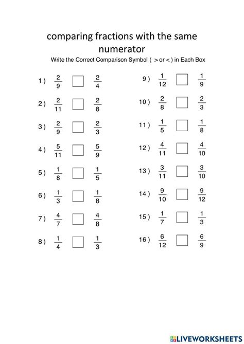 Comparing Fractions With The Same Numerator Worksheet