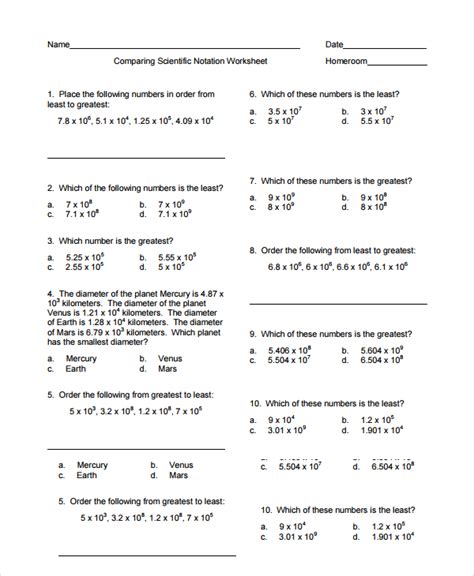Comparing Scientific Notation Worksheet