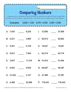 Comparing Whole Numbers 4th Grade Worksheet