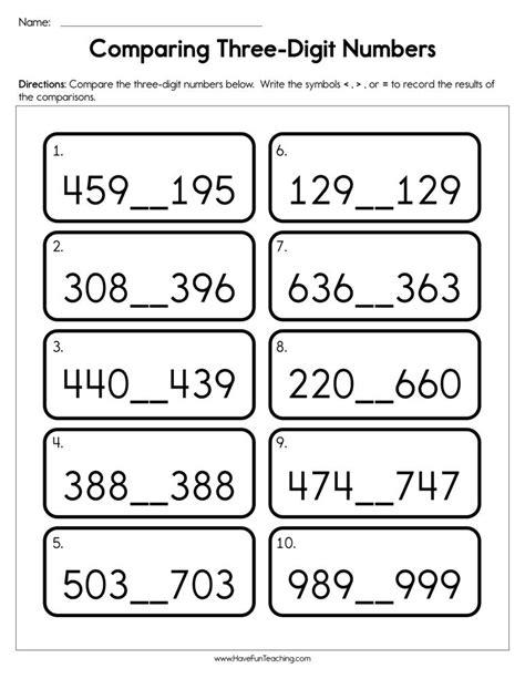 Comparing 3 Digit Numbers Worksheets
