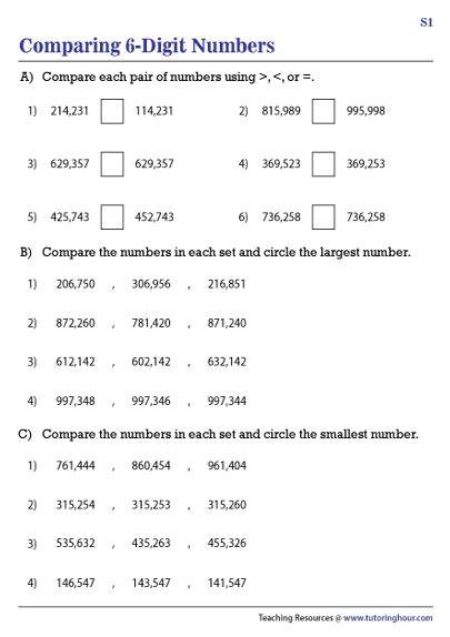 Comparing 6 Digit Numbers Worksheets