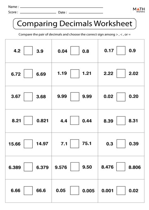 Comparing And Ordering Decimals Worksheets