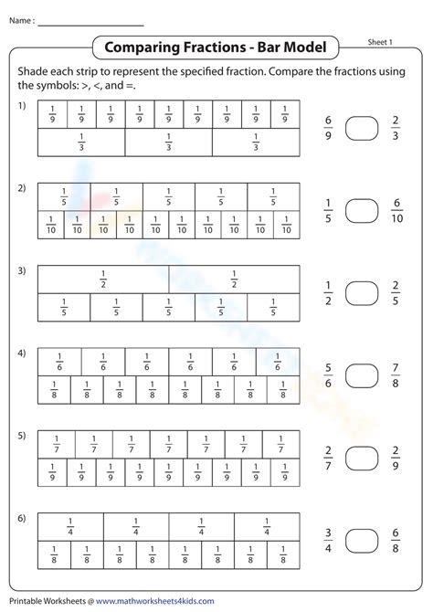 Comparing Fractions Bar Model Worksheet