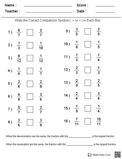 Comparing Fractions With The Same Denominator Worksheet