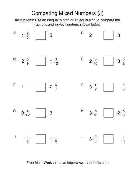 Comparing Mixed Numbers Worksheet