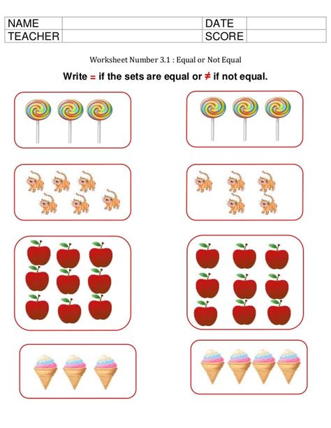 Comparing Sets Equal And Not Equal Sets Worksheets For Kindergarten