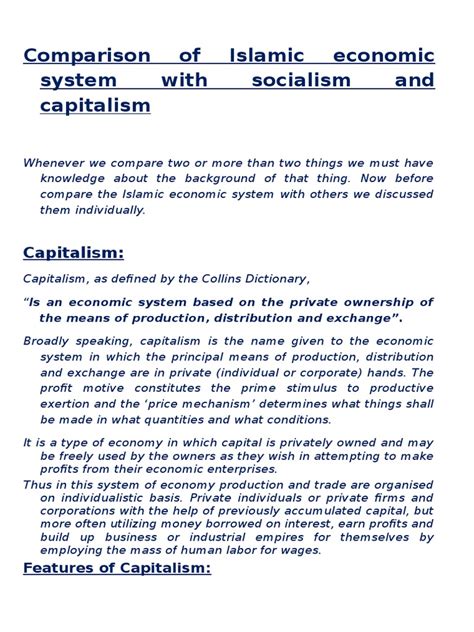 Comparison Between Islamic Economic System And Capitalism