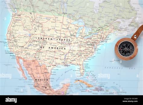 Travel Destination United States, Map With Compass Stock Image Image