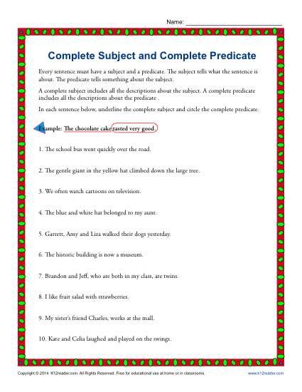 Complete Subject Complete Predicate Worksheet
