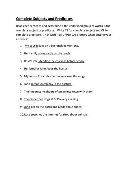 Complete Subject and Predicate Homework worksheet