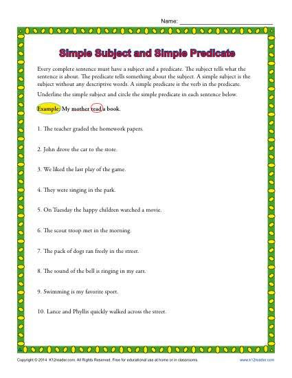 Complete and Simple Subject and Predicate worksheet