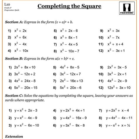 Completing The Square Worksheet Answers