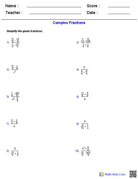 Understanding Complex Fractions Worksheet Precalculus