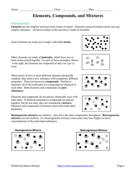 Compounds Mixtures And Elements Worksheet
